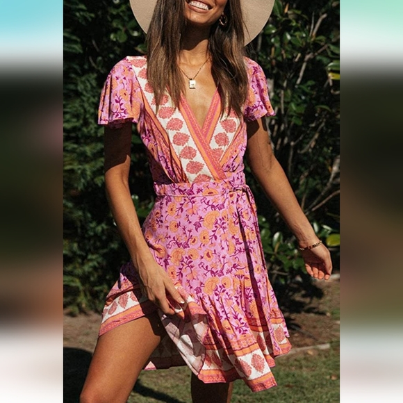 Zesica | Dresses | Zesica Summer Wrap V Neck Bohemian Floral Print ...